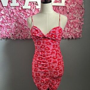 Pink and Red Floral Ruched Dress
